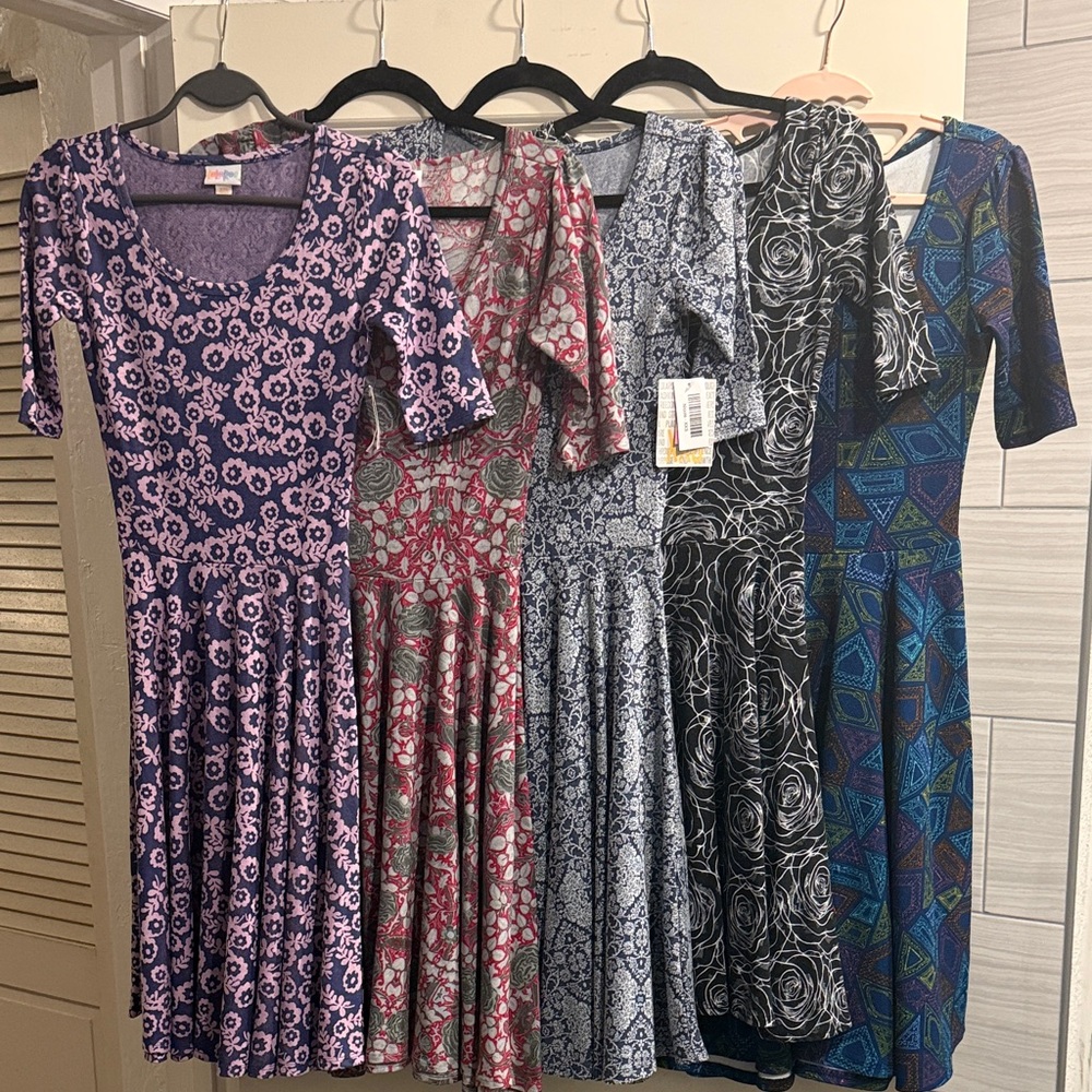 Lot of 5 Nicole LuLaRoe 3/4 Sleeve Dresses in Floral and Geometric Patterns